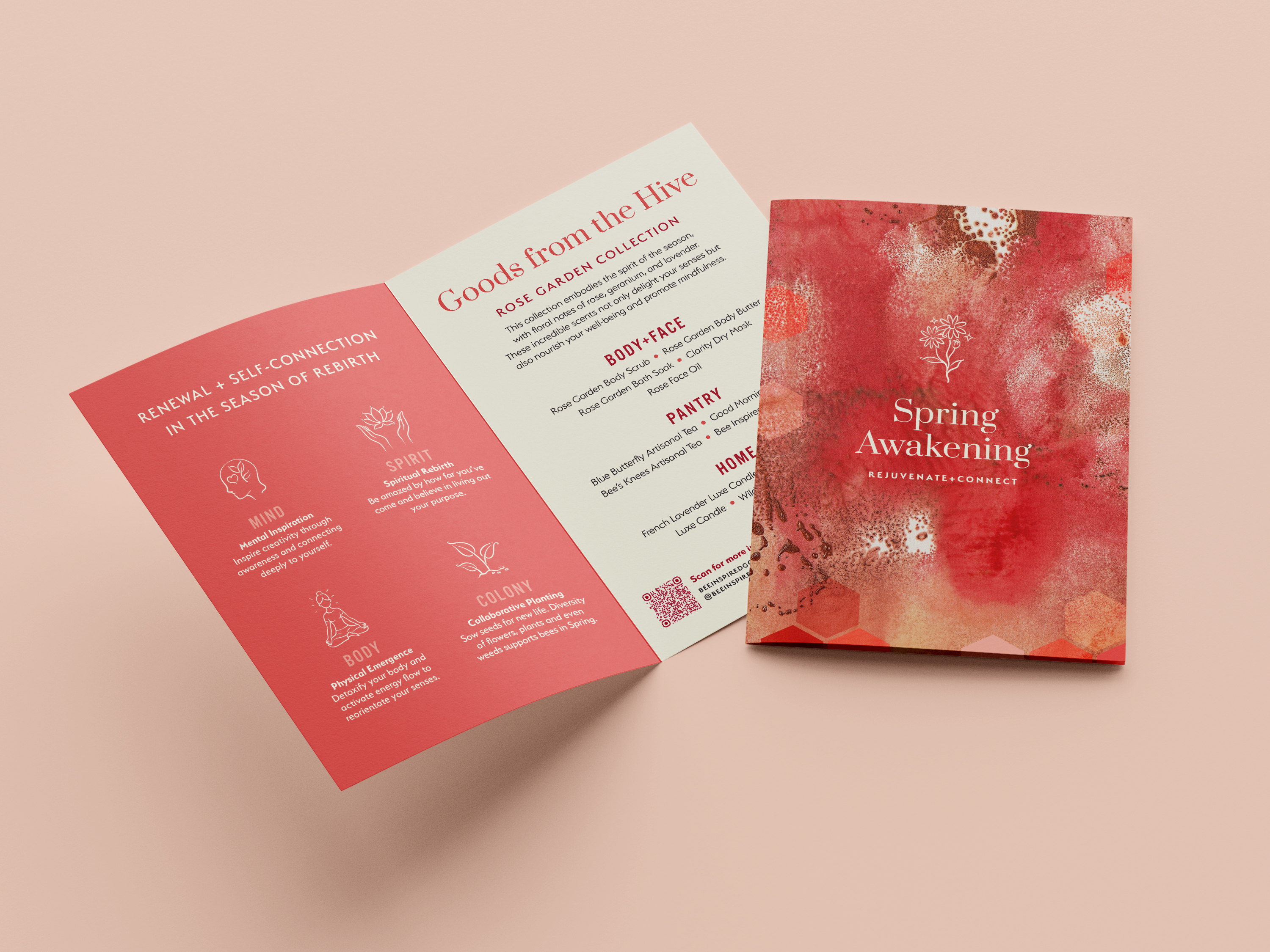 Seasonal guide for boutique retailer, bi-fold card with bold colors 