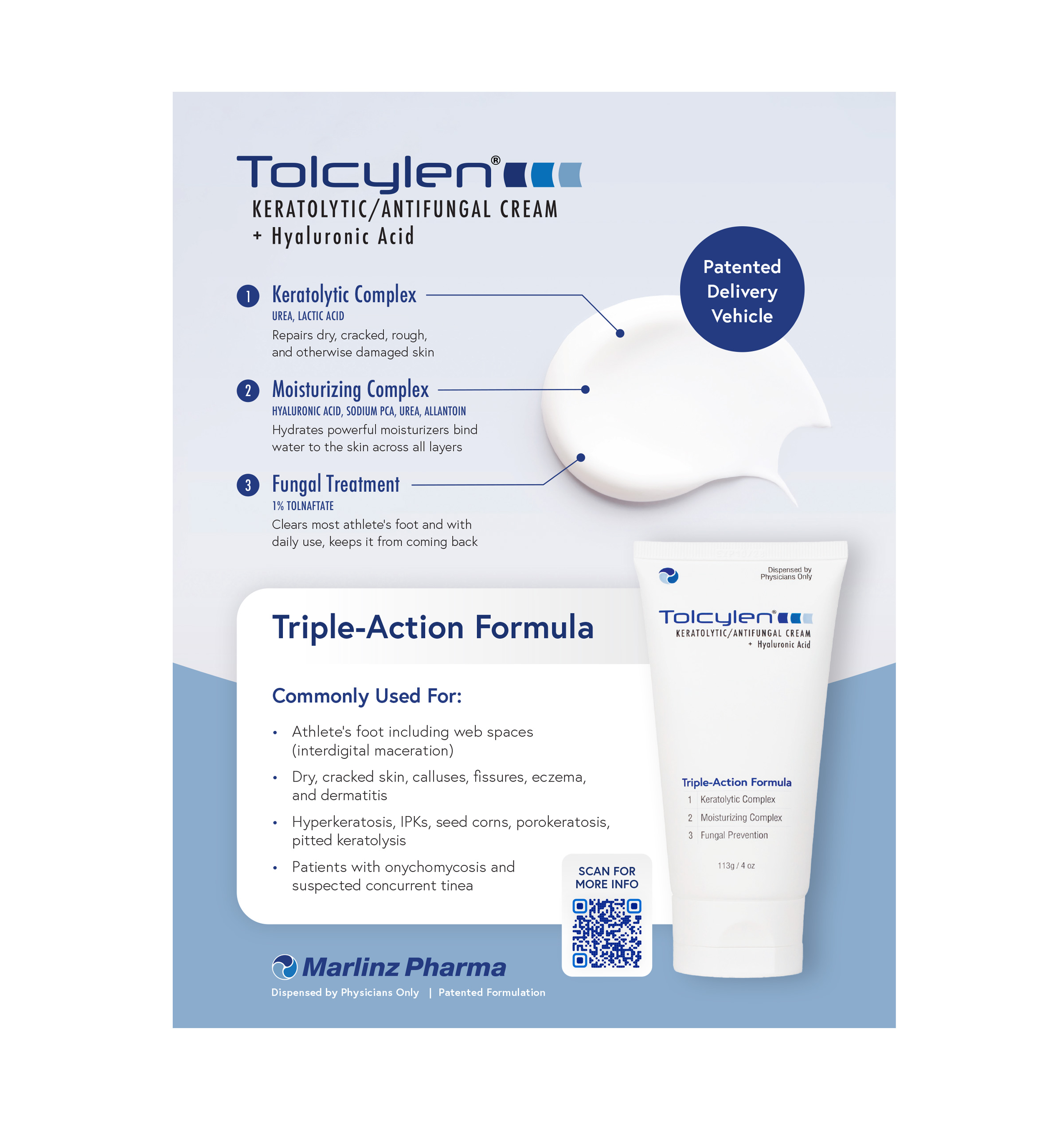 A single-page medical advertisement designed with a clean, modern style that reflects the brand. Features a prominent product display and clear call-outs. A QR code directs prescribers and practitioners to the website for additional clinical details.